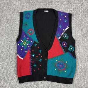 Vintage Koret Sweater Vest Womens Medium Colorful Floral Boho Knit Art To Wear